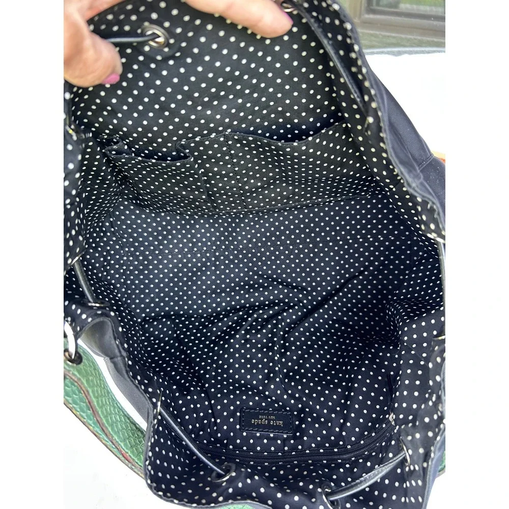 Kate Spade Drawstring Shoulder or Tote Bag Black Green Trim Nylon Like New!